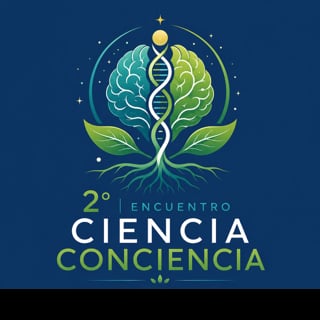 Logo for 2nd Science and Consciousness Meeting featuring stylized brain with DNA helix and plant roots on dark blue background